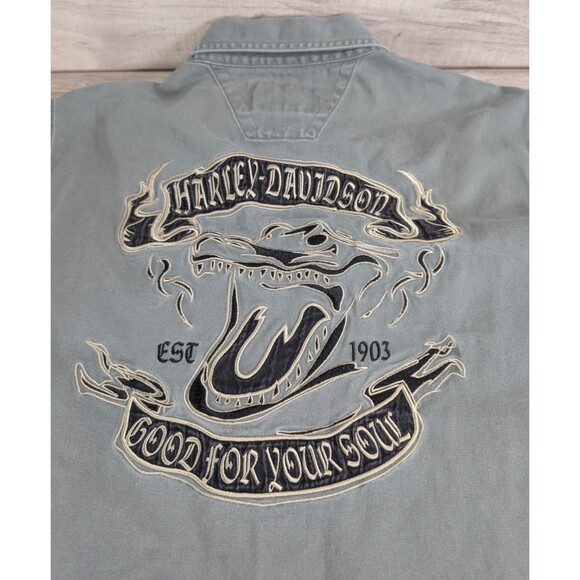 Harley Davidson Army Green Canvas Embroidered Logo Vest Jacket Men's Sz L Large - Picture 10 of 12